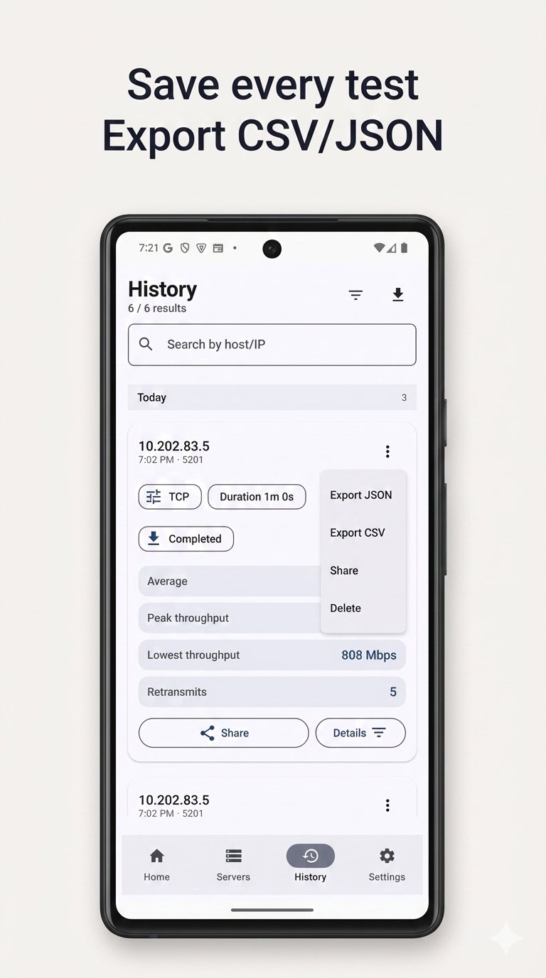 Test history with search, export CSV/JSON functionality