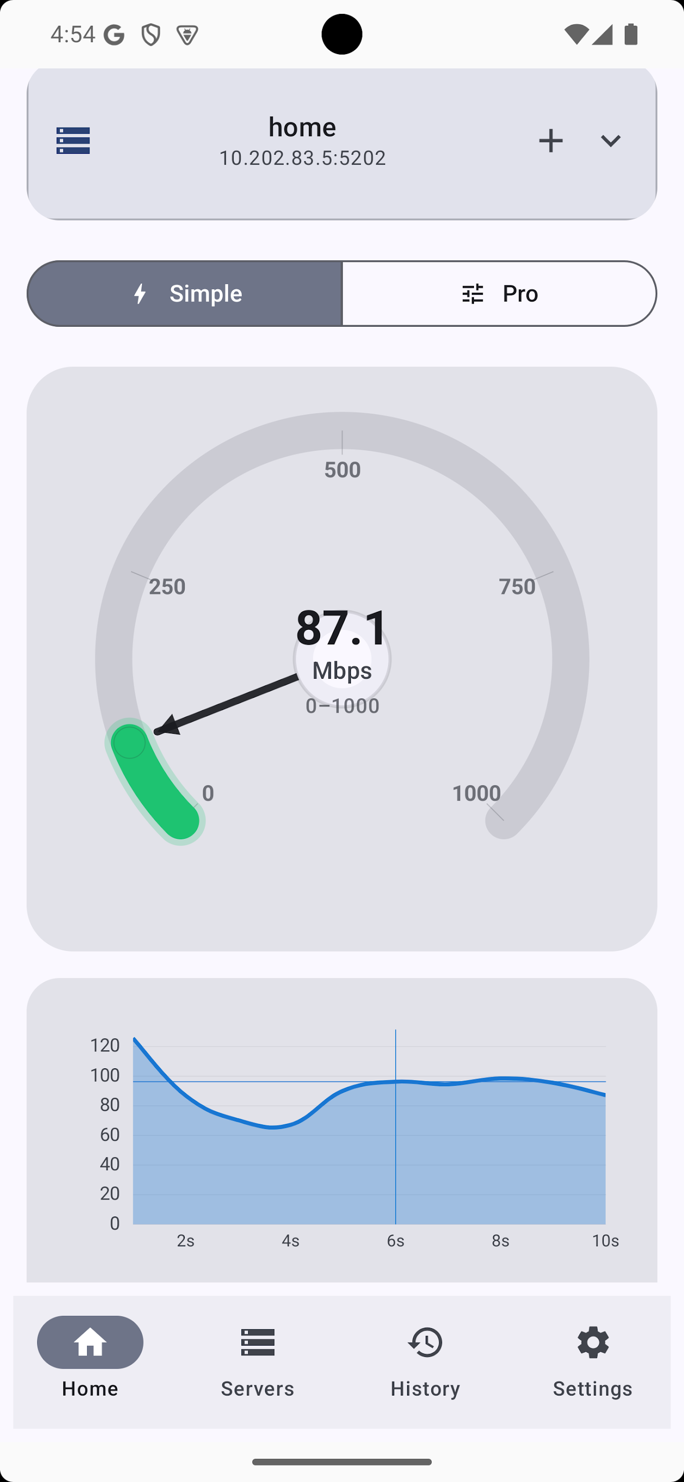 iPerf3 speed test showing 87.1 Mbps with real-time bandwidth chart